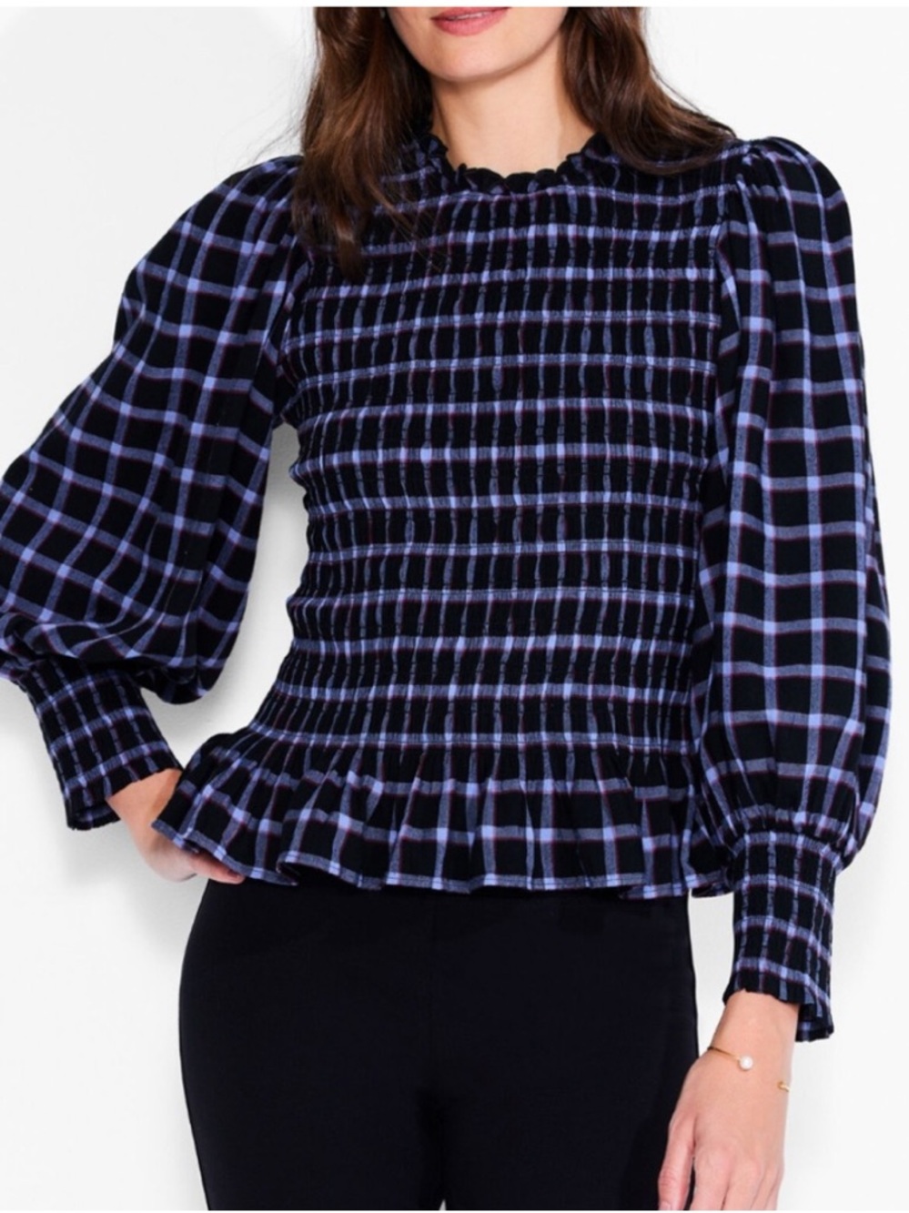 Nic+Zoe Smocked Plaid Long-Sleeve Top in Navy and Lavender